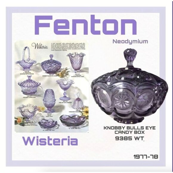 Fenton Vintage Neodymium Knobby Bulls Eye Candy Box Wisteria Covered Dish 9385WT - Picture 2 of 12